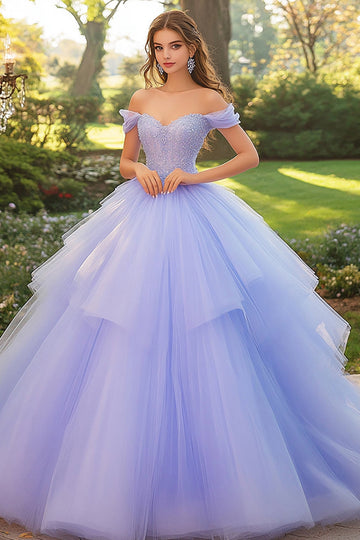 Robe de bal lilas à épaules dénudées Robe Quinceanera en tulle avec appliques